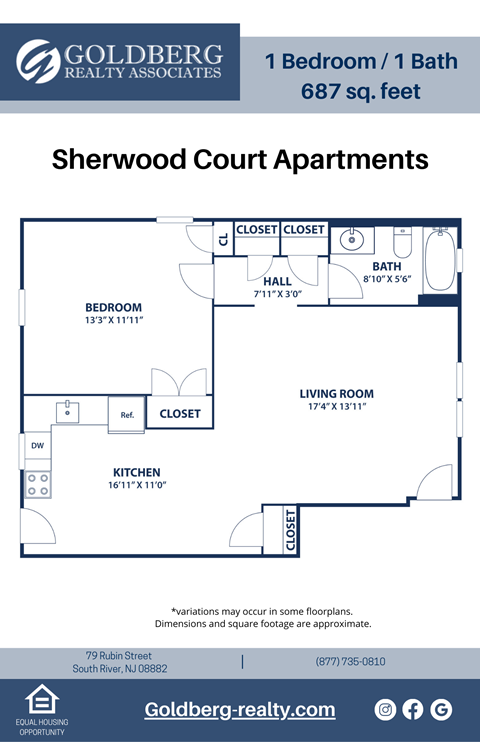 Floor plan for 1 bed, 1 bath, 687 sqft